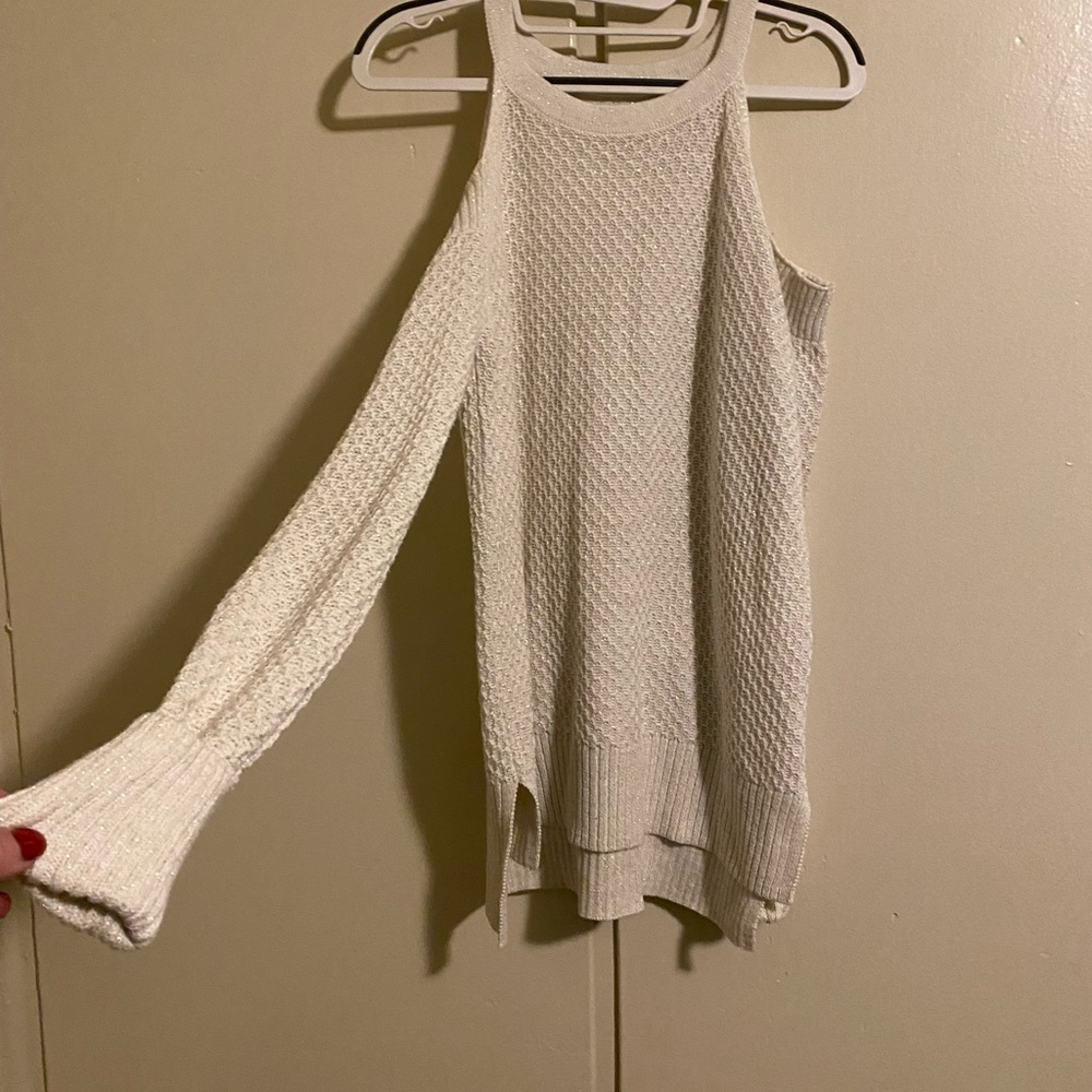 Cream colored gold threaded cold shoulder sweater. Large.